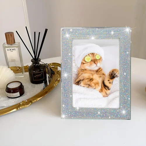 Miniatura 5 de Marco de fotos brillante para mujer, accesorios de escritorio para oficina, marco de fotos con diamantes de imitación plateados, marco de fotos de 5