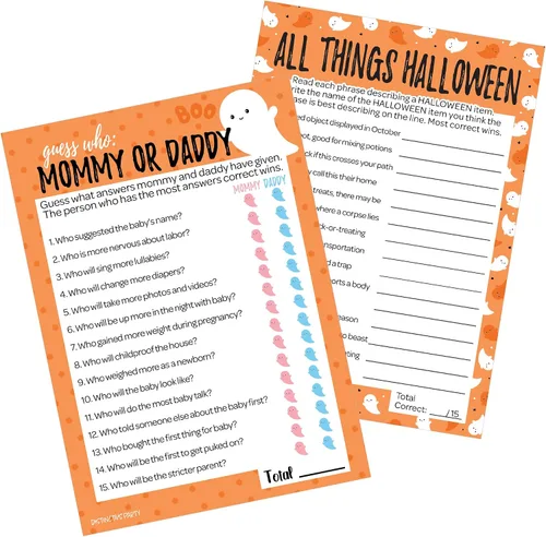 Miniatura 10 de DISTINCTIVS Blue Little Boo is Almost Due Halloween Boy Baby Shower Game Pack – 20 tarjetas de doble cara – Qué hay en tu teléfono y palabras