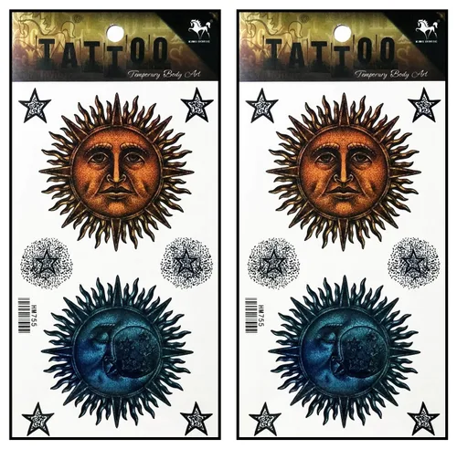 Tatuajes 2 hojas de luna sol estrellas sobre amarillo azul impermeable tatuaje falso temporal pegatinas arte corporal extraíble para hombres mujeres