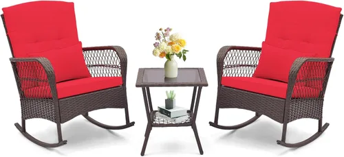 Miniatura 11 de ORALNER Juego de 3 mecedoras de mimbre para muebles de patio, sillas mecedoras para exteriores con cojines, almohadas, mesa de centro de cristal