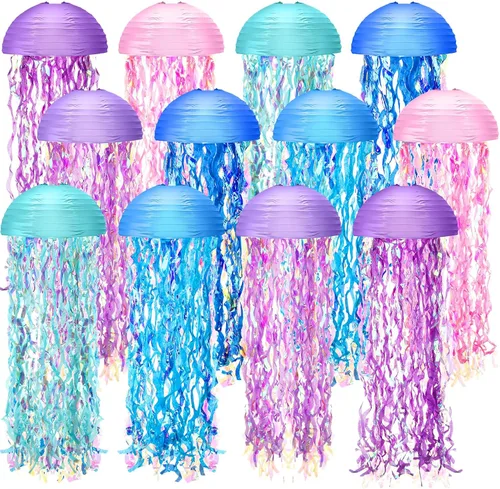 Miniatura 9 de Baquler Juego de 12 linternas de papel de medusas de 10 pulgadas, linternas semicírculas de sirena, decoración colgante para aula, baby shower, bajo