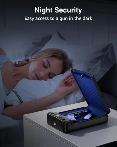 Miniatura 6 de Caja fuerte para pistola de mano pequeña biométrica, caja de seguridad portátil para pistola con acceso rápido por huellas dactilares, caja