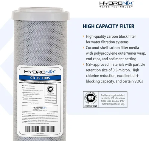 Miniatura 2 de Hydronix CB‑25‑1005 Filtro de agua de bloque de carbono de coco para toda la casa – Cartucho de repuesto de 5 micras para sistemas de RO y agua