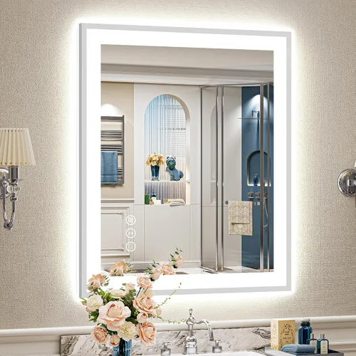 Miniatura 50 de 24x30 Espejo de baño LED con marco negro con luces, retroiluminado + iluminación frontal, espejo de tocador iluminado antivaho para pared de baño