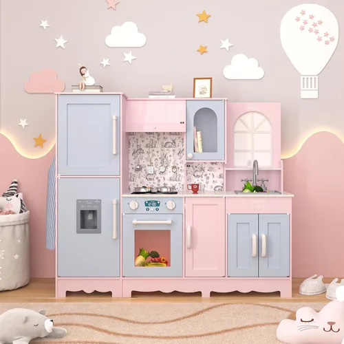 Miniatura 2 de BRINJOY Juego de cocina para niños, juego de cocina de madera para niños con grifo, fregadero, estufa, horno, ventana, utensilios de cocina, Rosa