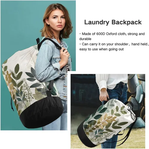 Miniatura 5 de Mochila de lavandería con hojas de estilo bohemio beige con correas ajustables para el hombro, bolsa de lavandería sucia para viajes, campamento