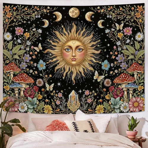 Miniatura 12 de Aipon Tapiz de flores de mariposa azul botánico bohemio para colgar en pared para dormitorio y sala de estar (36.00 pulgadas, 48.00 pulgadas, azul)