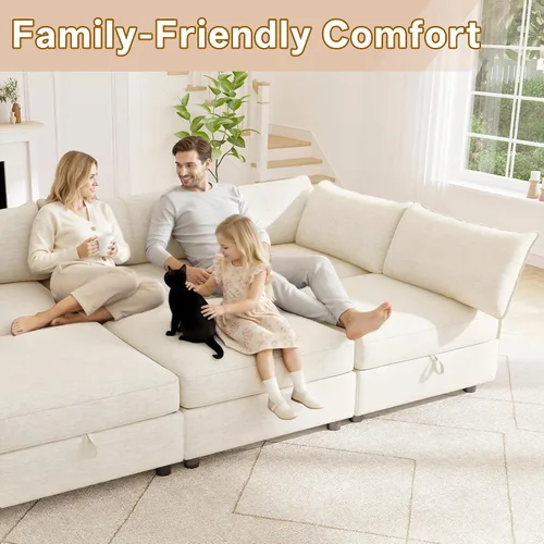 Miniatura 5 de 95.5" Sofá seccional modular de chenilla con almacenamiento oculto, sofá cama convertible en forma de L y U, sofá seccional moderno de 6 plazas