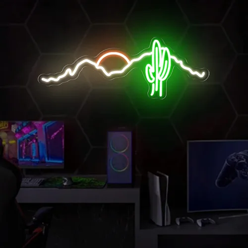 Miniatura 4 de Letrero de neón, hecho a mano, arte estético fresco de montaña, puesta de sol, cactus LED, luz de neón, lámpara de noche de montaña abstracta 3D