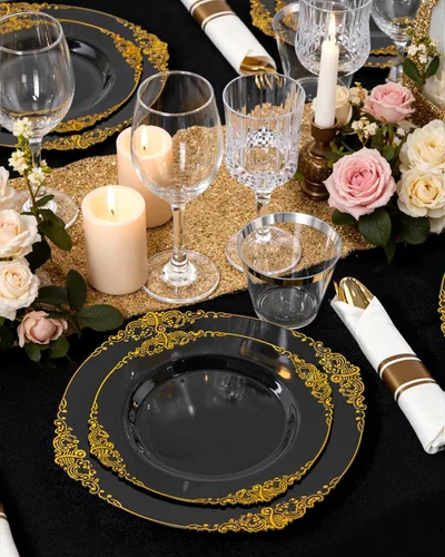 Miniatura 4 de Nervure 100 platos de plástico negro y dorado, platos desechables negros de 10.25 pulgadas, platos llanos de plástico negro para bodas, fiestas