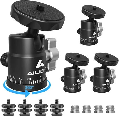 Miniatura 9 de Ailight Mini cabeza de bola, cabezal de trípode panorámico de 360°, adaptador de tornillo universal de 1/4 a 3/8 pulgadas, soporte de trípode