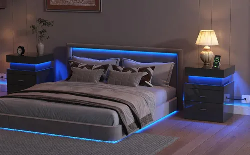 Miniatura 6 de ChooChoo Mesita de noche LED con estación de carga, mesita de noche inteligente con almacenamiento superior deslizante, mesa de noche de alto brillo