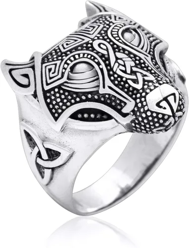 Miniatura 2 de Anillo de triquetra celta nórdico con cabeza de lobo vikingo de plata de ley 925 (13), Plata de ley, Sin piedras preciosas