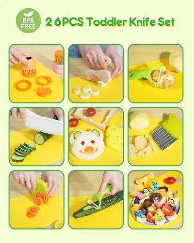 Miniatura 2 de 26 piezas de juego de cuchillos para niños, herramientas de cocina Montessori para niños pequeños para cocina real, juego de cuchillos libres de BPA