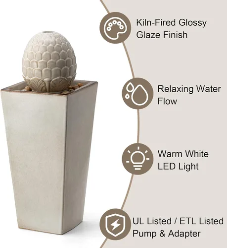 Miniatura 2 de Glitzhome Fuente de agua de cerámica para exteriores con luz LED, fuentes de agua con pedestal de alcachofa extragrande con bomba sumergible, fuente
