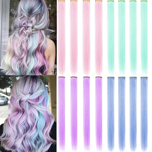 Miniatura 9 de 16 extensiones de cabello sintético multicolor de 21 pulgadas con clip para fiesta, accesorios para el cabello para niñas