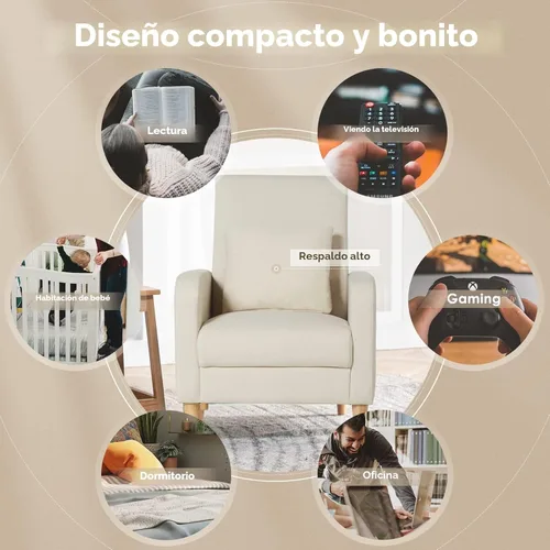 Miniatura 5 de COLAMY Mid-Century - Silla decorativa tapizada moderna con almohada trasera y patas de madera maciza, sillón acogedor de tela para sala de estar