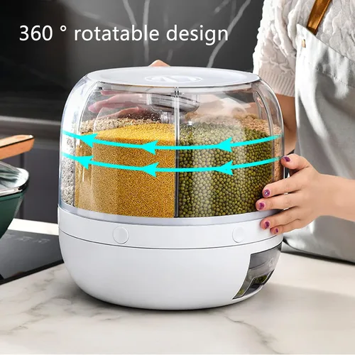 Miniatura 5 de Contenedor de almacenamiento de cereales y cereales de 13.2 libras, dispensador redondo giratorio de 360°, organizador de cocina de 6 compartimentos