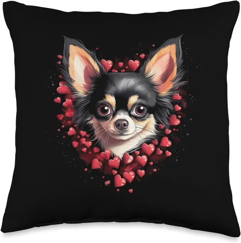Funny Dogs Lovers Men Women Kids Cute Gift Ideas Almohada de pelo largo con diseño de chihuahua negro y corazones para amantes de los perros, 16 x