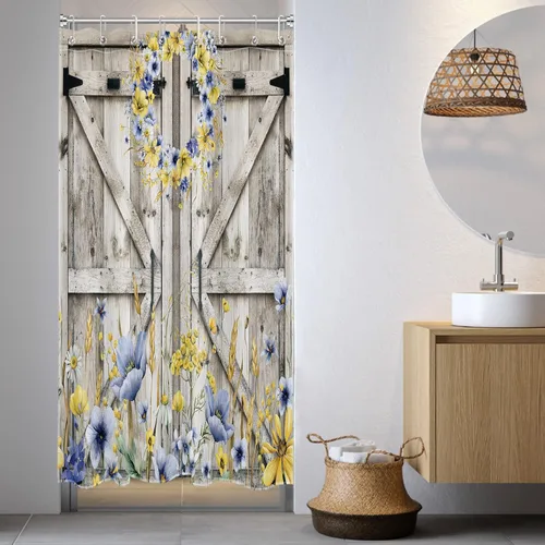 Miniatura 25 de Cortina de ducha con puerta de granero occidental para baño, lavanda púrpura y verde corona de eucalipto en tableros de madera rústica, cortina