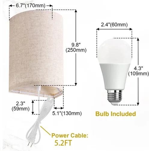 Miniatura 6 de AVV Juego de dos apliques de pared, lámpara de pared enchufable con interruptor de encendido/apagado, 2700K 4000K 5000K seleccionables, luces