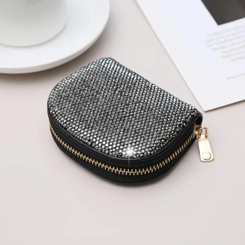 Miniatura 6 de AsAlways RFID Rhinestone titular de la tarjeta de crédito semicírculo multicapa cremallera caso Bling Crystal Slim pequeña cartera para mujeres