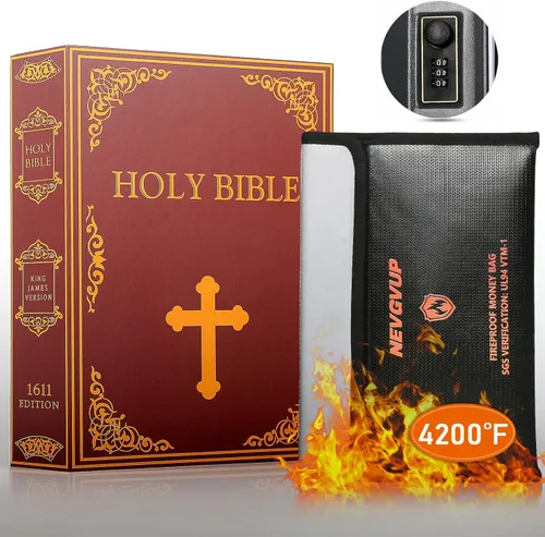 Miniatura 10 de Caja fuerte de libro de diversión con bolsa de dinero a prueba de fuego de 4200°F y cerradura de combinación, 10.5" x 7.9" x 2.5" caja fuerte