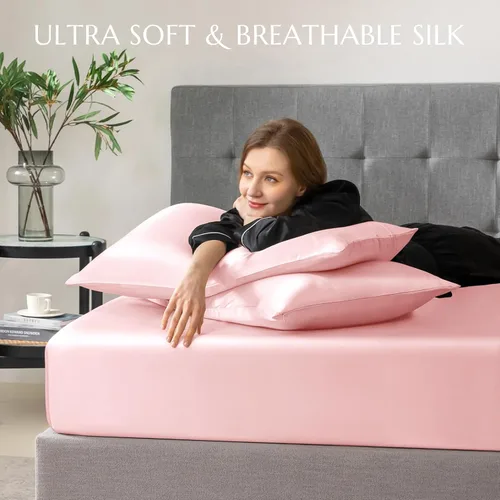 Miniatura 50 de THXSILK Juego de sábanas bajeras de 100% seda de morera, 3 piezas de seda 7A+, transpirable, suave, sábana bajera de 16 pulgadas de profundidad, 2
