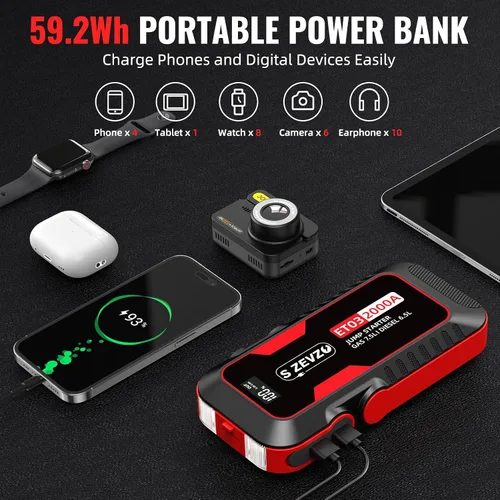 Miniatura 3 de S ZEVZO ET03 Arrancador de Coche 2000A, Paquete de Batería de Arranque para hasta 7.5 L de Gas y 6.5 L de Diésel, Caja de Arranque Portátil de 12V