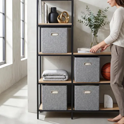Miniatura 15 de Cubos de almacenamiento de tela gris de 12 x 12 pulgadas, paquete de 4 cubos organizadores plegables con aspecto de lino con asas, cestas plegables