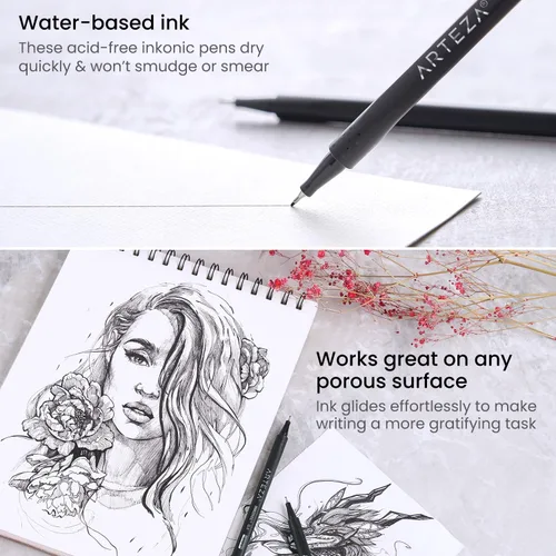 Miniatura 3 de ARTEZA - Plumones Black Inkonic Fineliners, juego de 12, marcadores de punta fina de 0.4 mm, plumones de arte a base de agua para dibujar, hacer