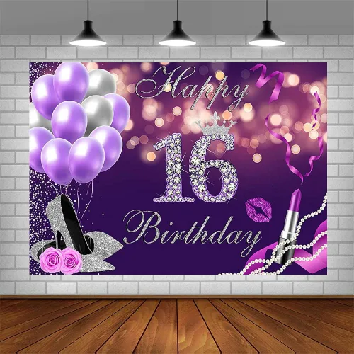 Miniatura 4 de Telón de fondo de feliz cumpleaños número 16 de 7 x 5 pies, globos Bokeh morados con purpurina plateada con purpurina, fondo de lápiz labial
