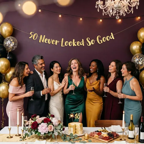 Miniatura 9 de Cartel dorado con purpurina preencordada de 50 "Never Looked So Good", decoraciones de cumpleaños 50 y aniversario para hombres y mujeres