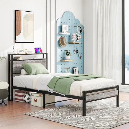 Miniatura 3 de HOJINLINERO Base de cama individual con cabecera de almacenamiento, plataforma de metal con estación de carga, no necesita somier, soporte de Roble
