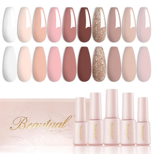 Beautpal - Juego de esmaltes de uñas de gel color nude, 10 colores neutros, rosa rubor, nude con purpurina, esmalte en gel de todas las temporadas,