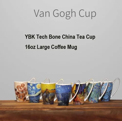 Miniatura 6 de Taza de café de porcelana de hueso YBK Tech, taza grande de 16oz de té - Diseño inspirado en las pinturas de Van Gogh (flor de albaricoque)