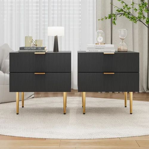 Miniatura 12 de Mesita de noche, mesita de noche negra y dorada con panel estriado, mesa de cabecera con 2 cajones, mesita de noche moderna grande de mediados