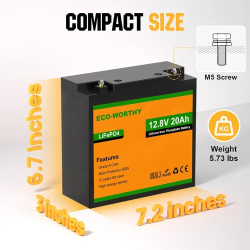 Miniatura 2 de ECO-WORTHY Batería de litio de 12 V, batería recargable de 20 Ah LiFePO4 de iones de litio de fosfato de ciclo profundo con protección BMS