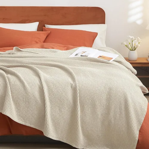 Miniatura 62 de PHF - Manta de punto gofre 100% de algodón tamaño king para cama, cobija ligera transpirable a prueba de engancho, ideal para acolchado en climas
