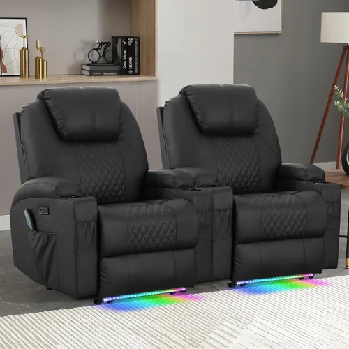 Miniatura 17 de Silla reclinable eléctrica con calor y masaje para adultos, asiento de cine en casa con luces LED, portavasos, bolsillo lateral, puerto USB, sofá