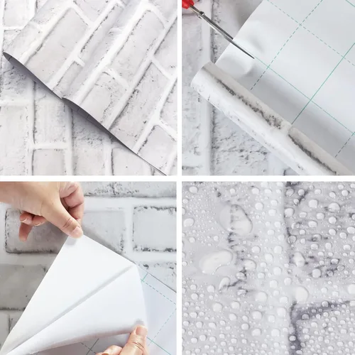 Miniatura 2 de Papel pintado de ladrillo blanco Hopeak, papel pintado despegar y pegar, impermeable y extraíble, bueno para decoración del hogar y renovación