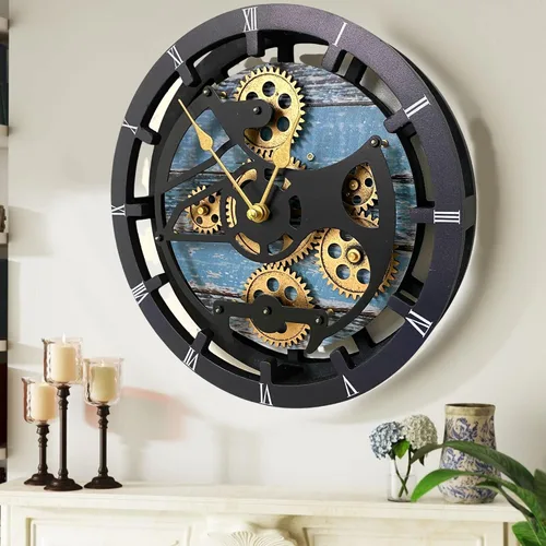 ImprovingLife The Gears Clock - Reloj de pared de 16 pulgadas con engranajes móviles reales convertible en un gran reloj de repisa (verde aguamarina)