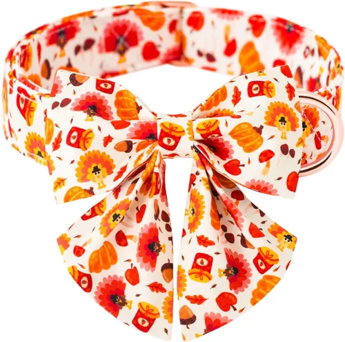 Tunkoo Collar de perro con bonito patrón de calabaza y pavo con corbatín, duradero, ajustable y elegante, collar para mascotas de Acción de Gracias,