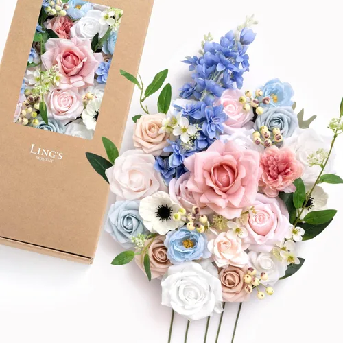 Miniatura 20 de Ling's moment Caja de Flores Falsas, Tallos de Vegetación Artificial Falsa, Rosas de Espuma, Gardenias, Hortensias de Seda, Ranúnculos, Flor de Tela