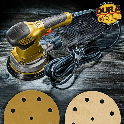 Miniatura 5 de Dura-Gold Discos de lijado dorados de 5 pulgadas de alta calidad, grano 320 (caja de 50), papel de lija de 9 agujeros sin polvo con gancho y bucle