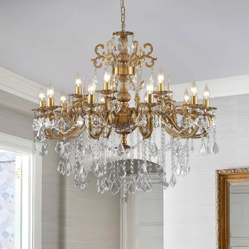 Miniatura 14 de Candelabros de cristal de bronce antiguo de lujo con lámpara colgante de vela, lámpara de techo de 6 luces de cristal dorado para comedor, sala