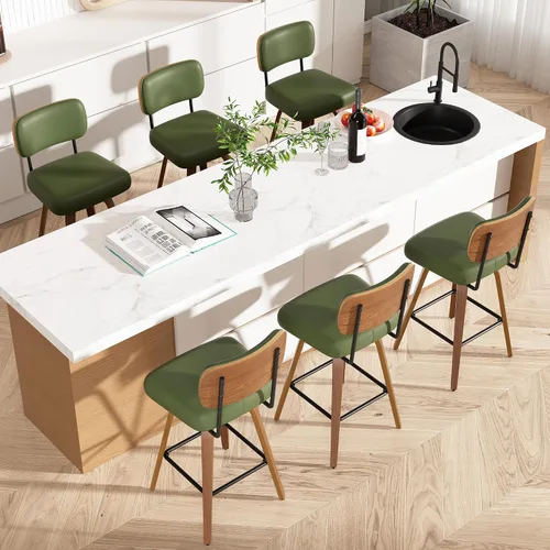 Miniatura 54 de Juego de 1 taburete de bar giratorio, taburetes de bar tapizados de 26" de altura para encimera con respaldo de nogal y patas de madera curvada