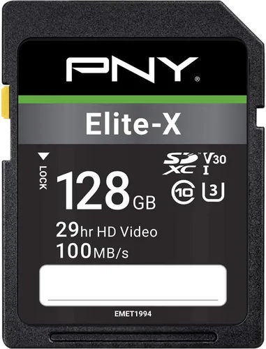 PNY Tarjeta de memoria flash Elite-X Class 10 U3 V30 SDXC de 128 GB, 100 MB/s, clase 10, U3, V30, 4K UHD, Full HD, UHS-I, SD de tamaño completo