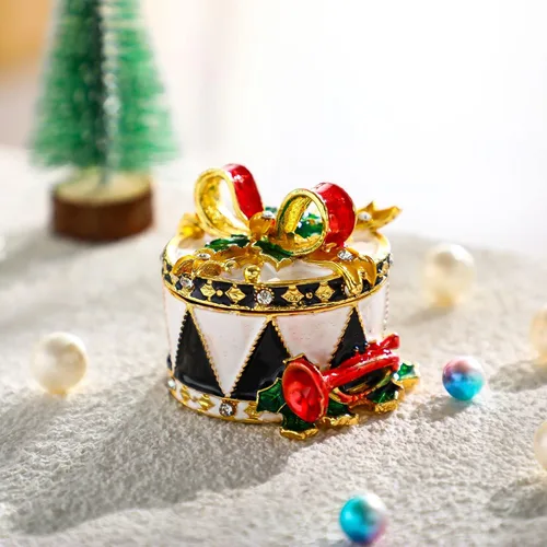 Miniatura 6 de YU FENG Cajas de adornos de Navidad con bisagras con diamantes de imitación con lazo y trompeta esmaltada decorativa