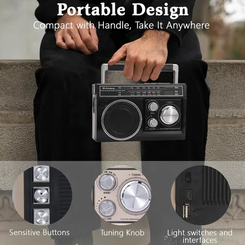 Miniatura 5 de Radios portátil AM FM, radio portátil retro con altavoz Bluetooth y linterna, recepción fuerte con luces de humor coloridas, tarjeta TF, energía